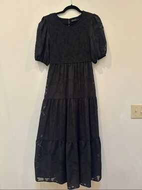 Smocked Bodice Black Tiered Maxi Dress with Puff Sleeves
